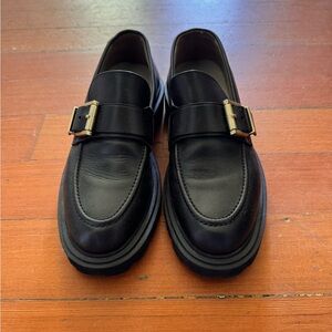 All Saints Black Leather Loafers with Gold Buckle